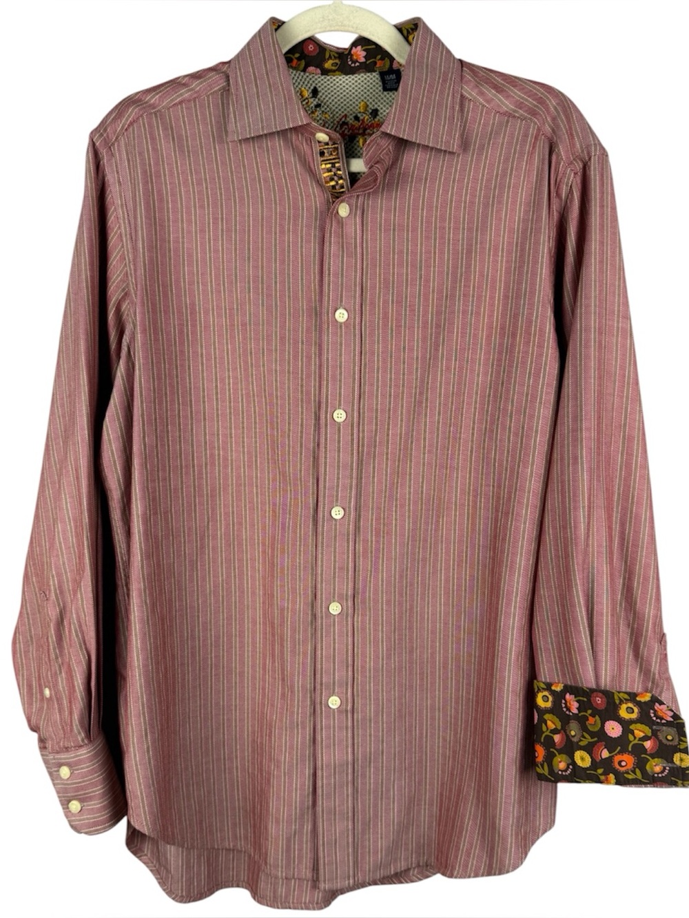 Robert Graham Men’s Cotton Pink Striped Flip Cuff Shirt Floral Accent M